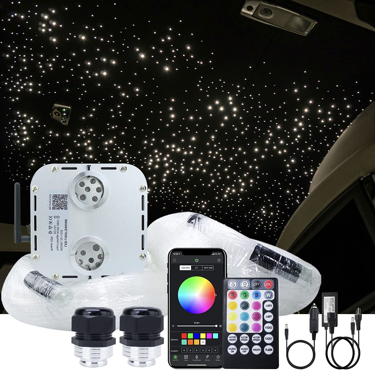 AKEPO 32W RGBW Twinkle+APP+Sound Activated Dual Head Fiber Optic Lights Kit - 1110pcs 16.4ft/5m Mixed Fiber Optic Strands for Star Ceiling & Sky Light - Perfect for Home Indoor Decor, Car Headliner Starlight, Bedroom Ambience & Party Lighting