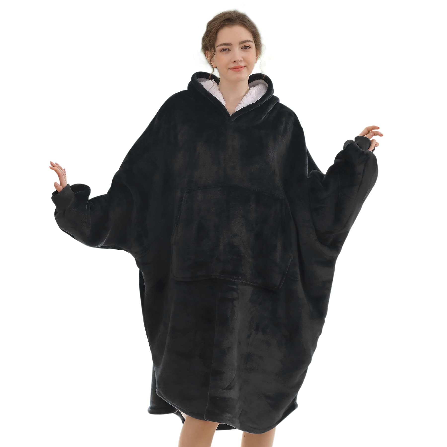 Wearable Blanket Hoodie for Men & Women - Oversized Sherpa Fleece & Flannel Hooded Blanket with Sleeves and Giant Pocket | Machine Washable | Cozy for Home, Office, Camping & Outdoor Activities | Black