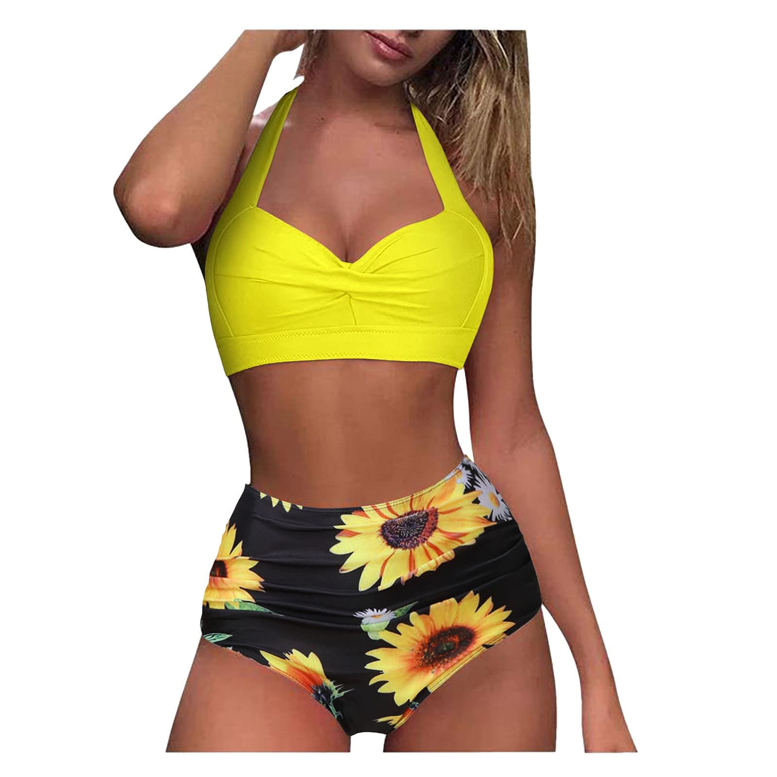 Vintage Retro Women's Two Piece Swimsuit - Halter Ruched High Waist Bikini Set with Bottom | Beachwear, Pool Party, Summer Vacation Outfit
