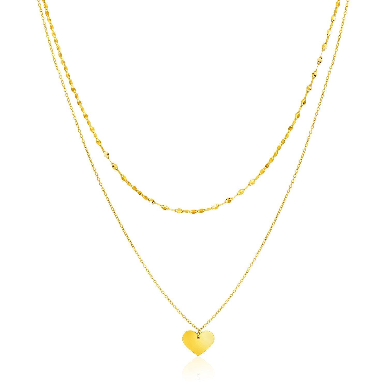14K Yellow Gold 18 Inch Two Strand Necklace with Heart Pendant - Elegant Layered Chain Jewelry for Women, Perfect for Valentine's Day, Anniversary Gifts & Special Occasions