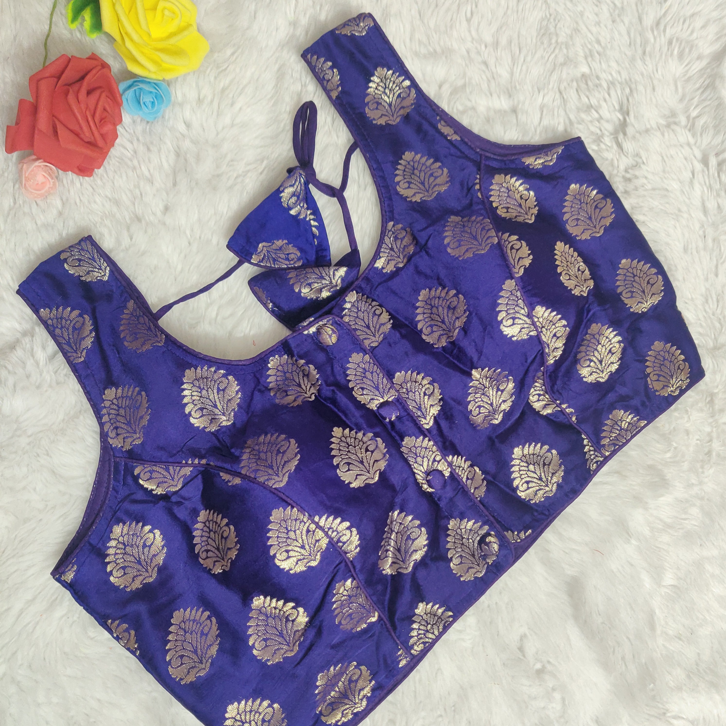 Elegant Blue Sleeveless Brocade Silk Blouse for Women - Perfect for Weddings, Parties & Special Occasions | D1365 | Formal Evening Wear & Cocktail Attire