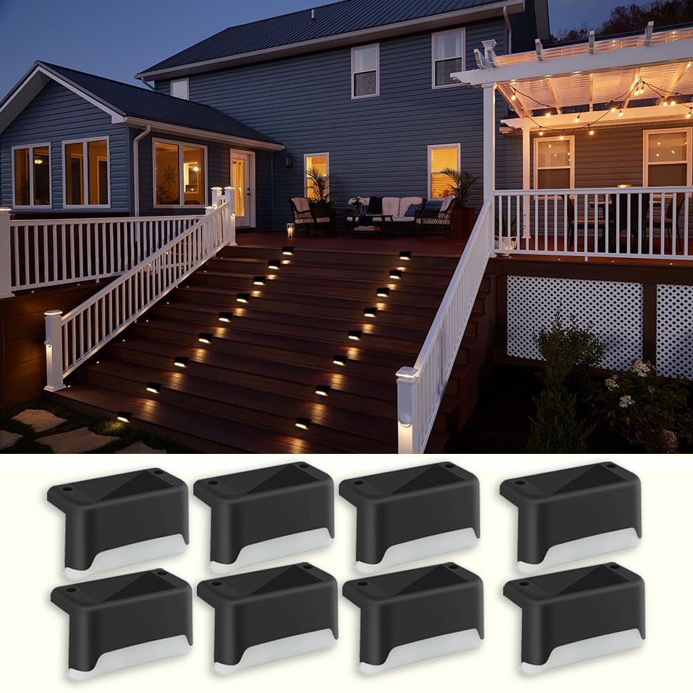 8 Pack Solar Deck Lights Outdoor Waterproof - Warm White LED Solar Fence Lights for Garden, Patio, Porch, Stairs, Yard, Driveway & Pathway | Weatherproof Landscape Lighting for Home & Garden Decoration
