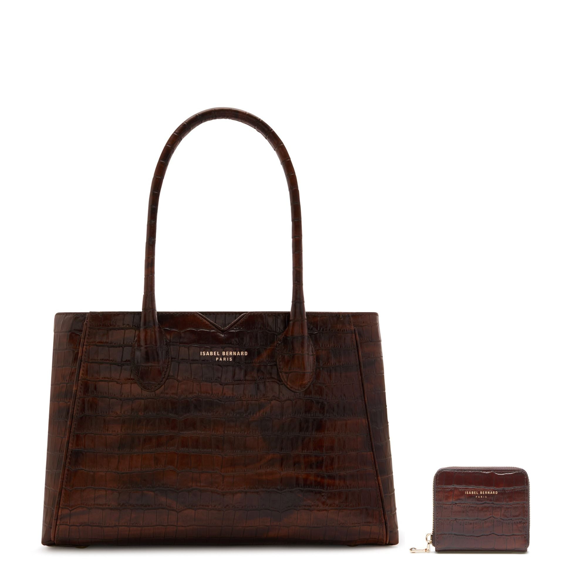 Isabel Croco Brown Calfskin Leather Handbag and Wallet Set for Women | Luxury Designer Purse with Matching Wallet | Perfect for Work, Travel, and Special Occasions