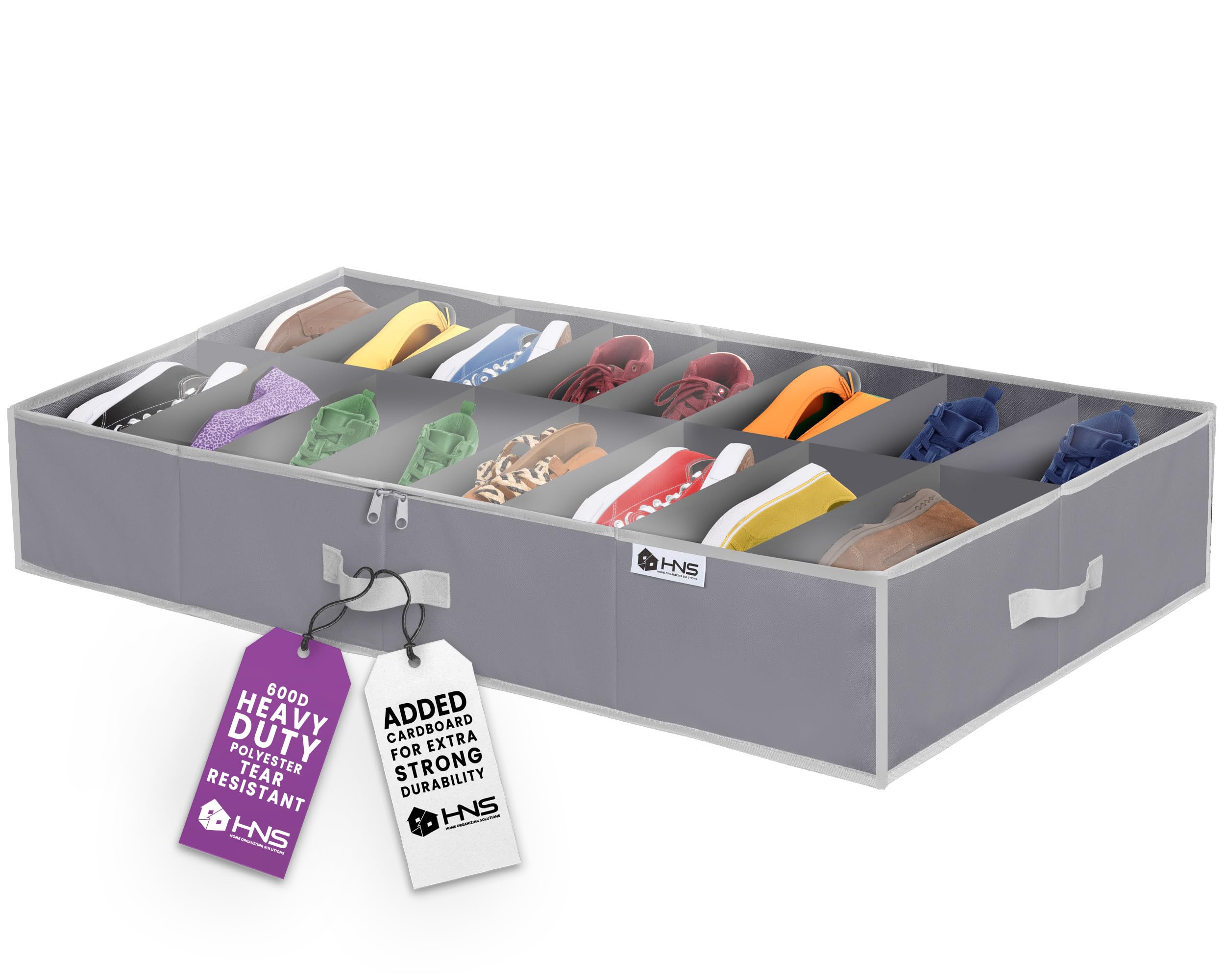 Under Bed Shoe Storage Organizer - Heavy Duty 600D Tear-Resistant Fabric - Holds Up to 16 Pairs of Men's & Women's Shoes - Extra Strong Zipper Closure - Space Saving Grey Shoe Box - Perfect for College Dorms, Small Apartments & Closet Organization