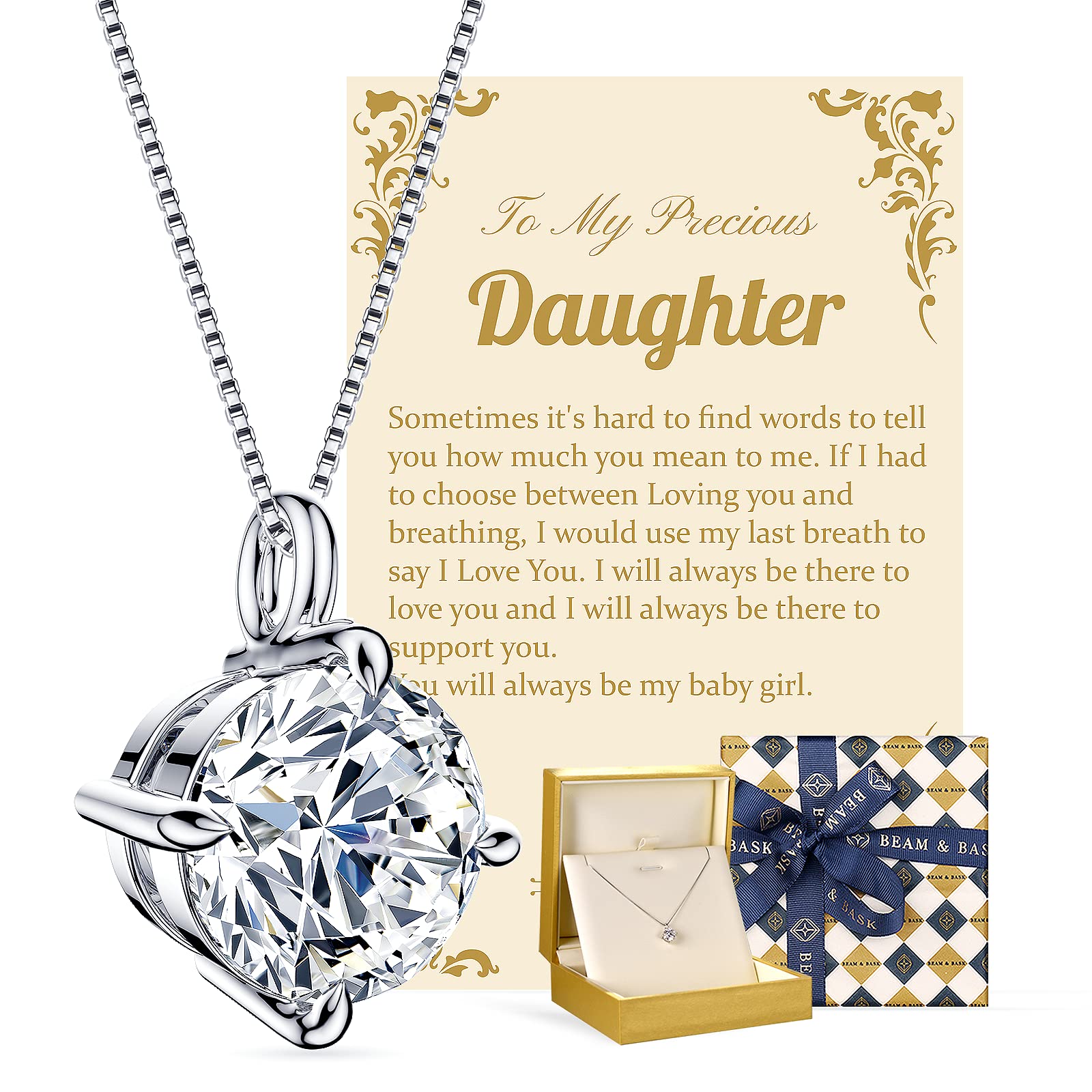 Beam & Bask Sterling Silver Moissanite Necklace for Daughter from Mom & Dad | Meaningful Birthday, Wedding & Graduation Gift for Her | Elegant Pendant Jewelry for Special Occasions & Everyday Wear