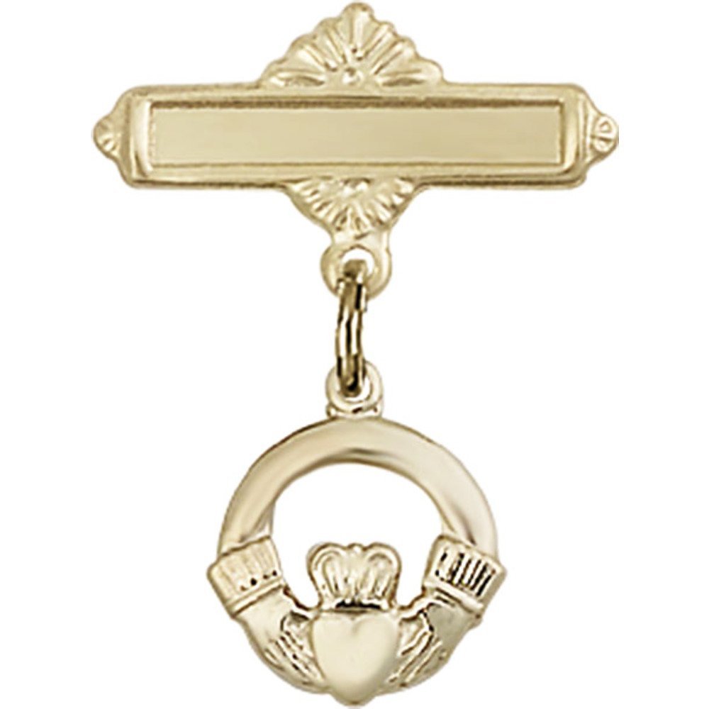 Gold Filled Baby Badge with Claddagh Charm - 7/8 X 5/8 Inch Polished Badge Pin for Christening, Baptism & Newborn Photo Shoots - Irish Keepsake Gift for Infants