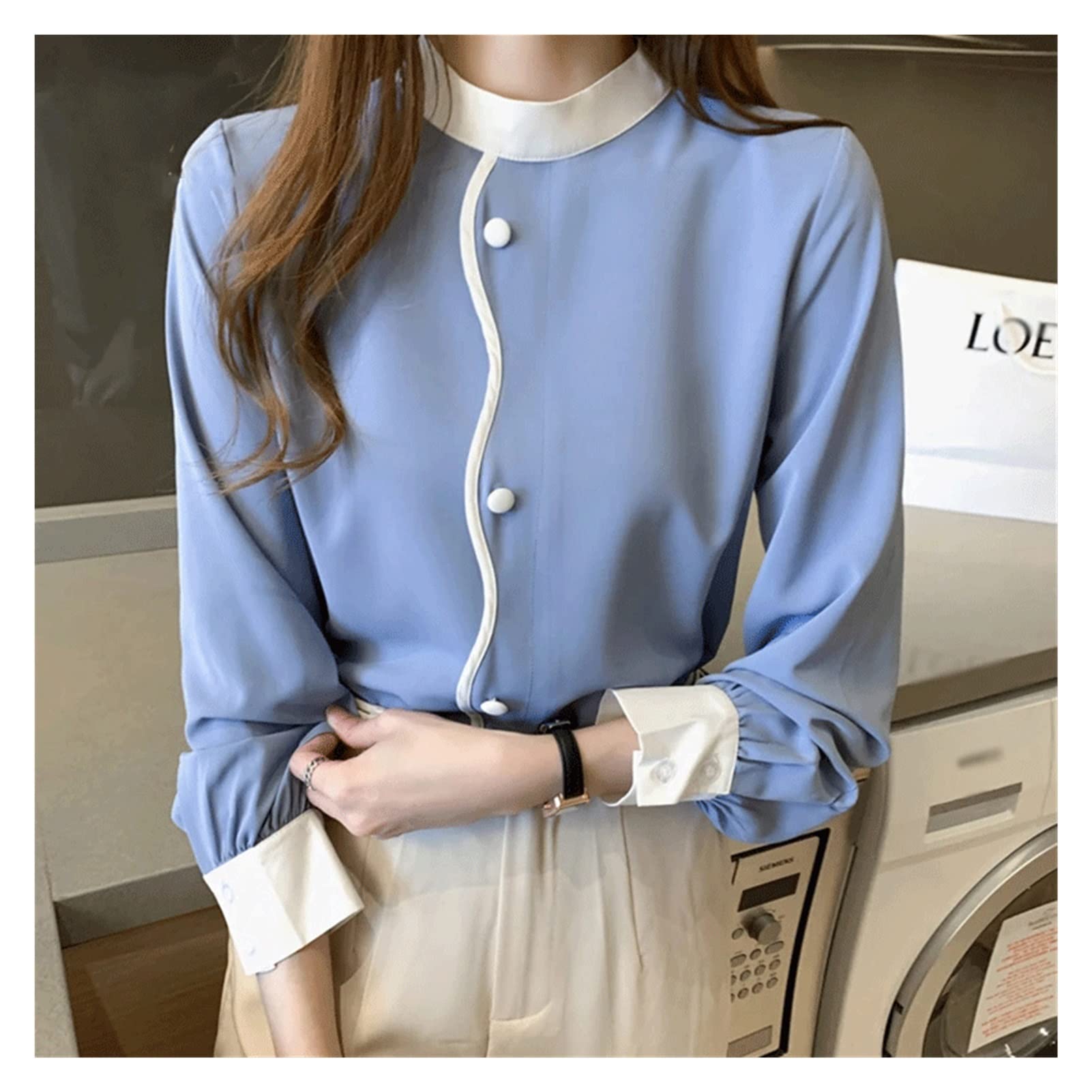 MJWDP Autumn Patchwork Office Ladies Blouse - Long Sleeve Loose Casual Top for Women (Blue, Size S) | Perfect for Work, Business Meetings & Everyday Wear