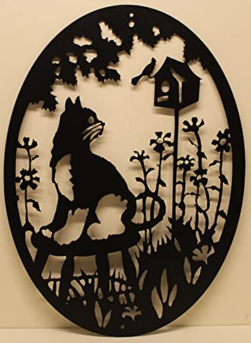 Handcrafted Oval Metal Wall Art - Cat & Birdhouse Scene - Rustic Home Decor for Living Room, Bedroom, or Garden - Unique Gift Idea for Animal Lovers