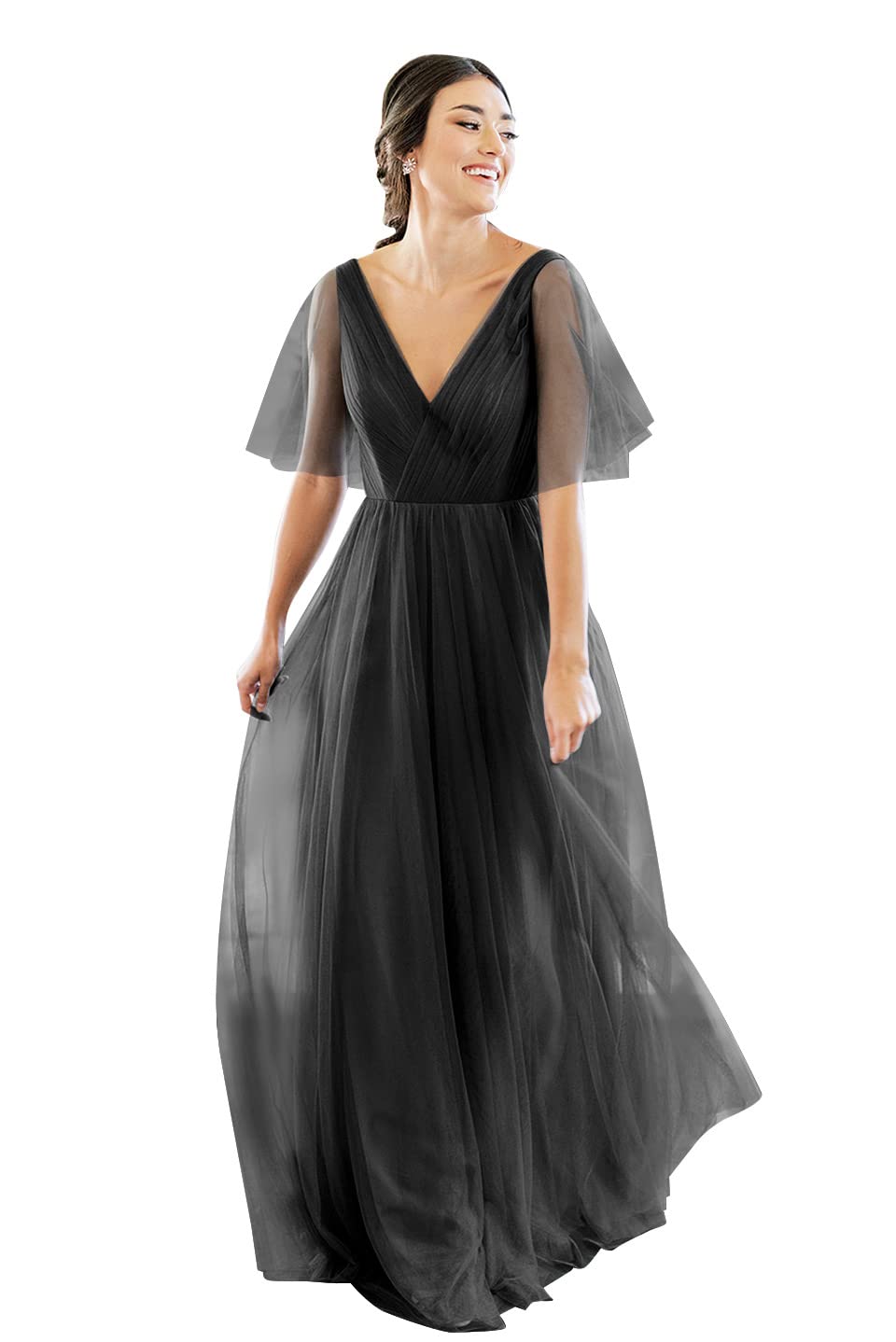 Elegant V-Neck Short Sleeve Tulle Bridesmaid Dress for Women - Backless Long Formal Gown for Weddings, Proms & Special Occasions | Perfect for Bridal Parties, Evening Events & Cocktail Receptions