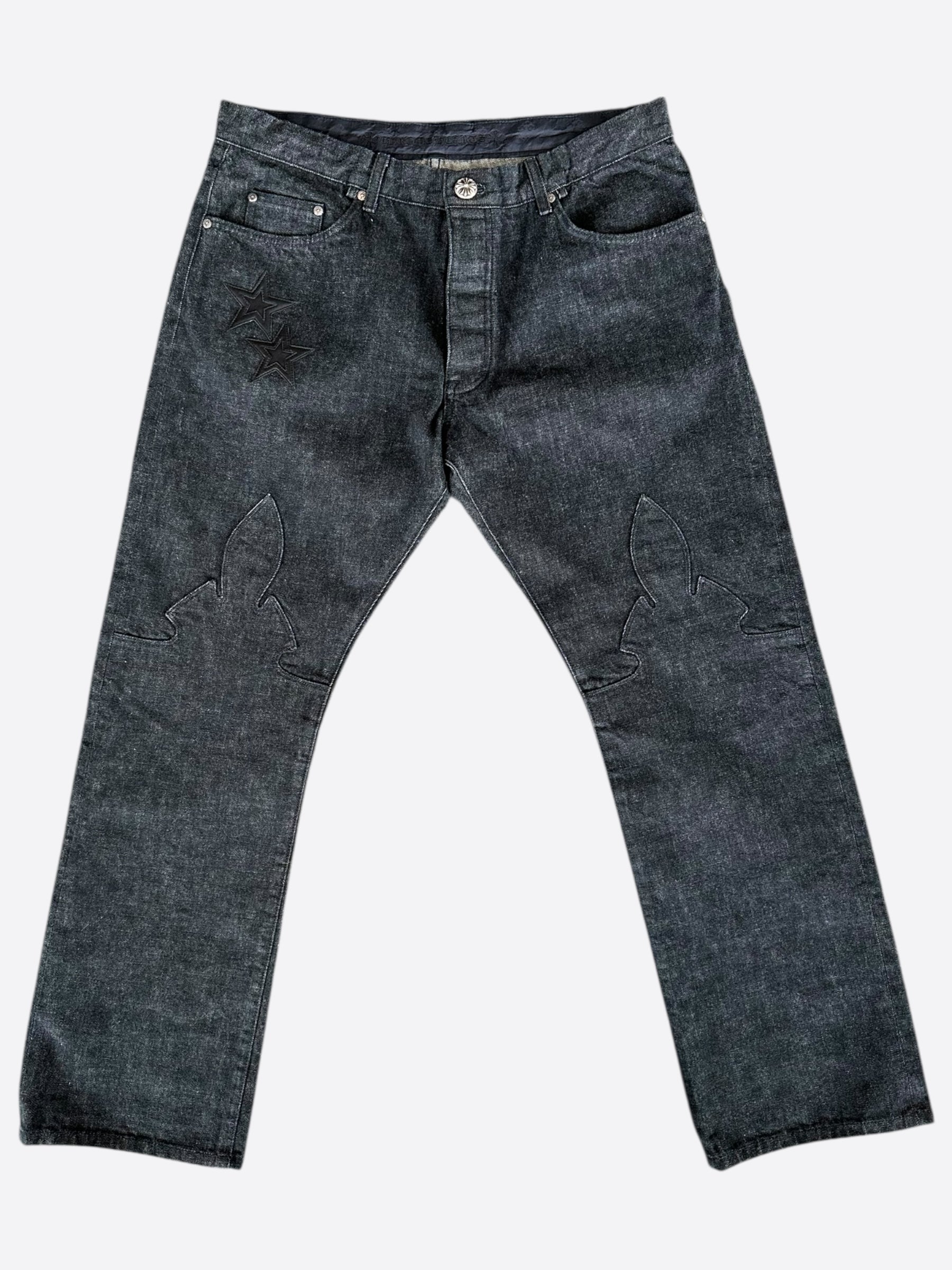 Chrome Hearts Grey & Black Star Patch Jeans - Stylish Distressed Denim for Men & Women | Perfect for Streetwear, Casual Outfits & Night Out Looks