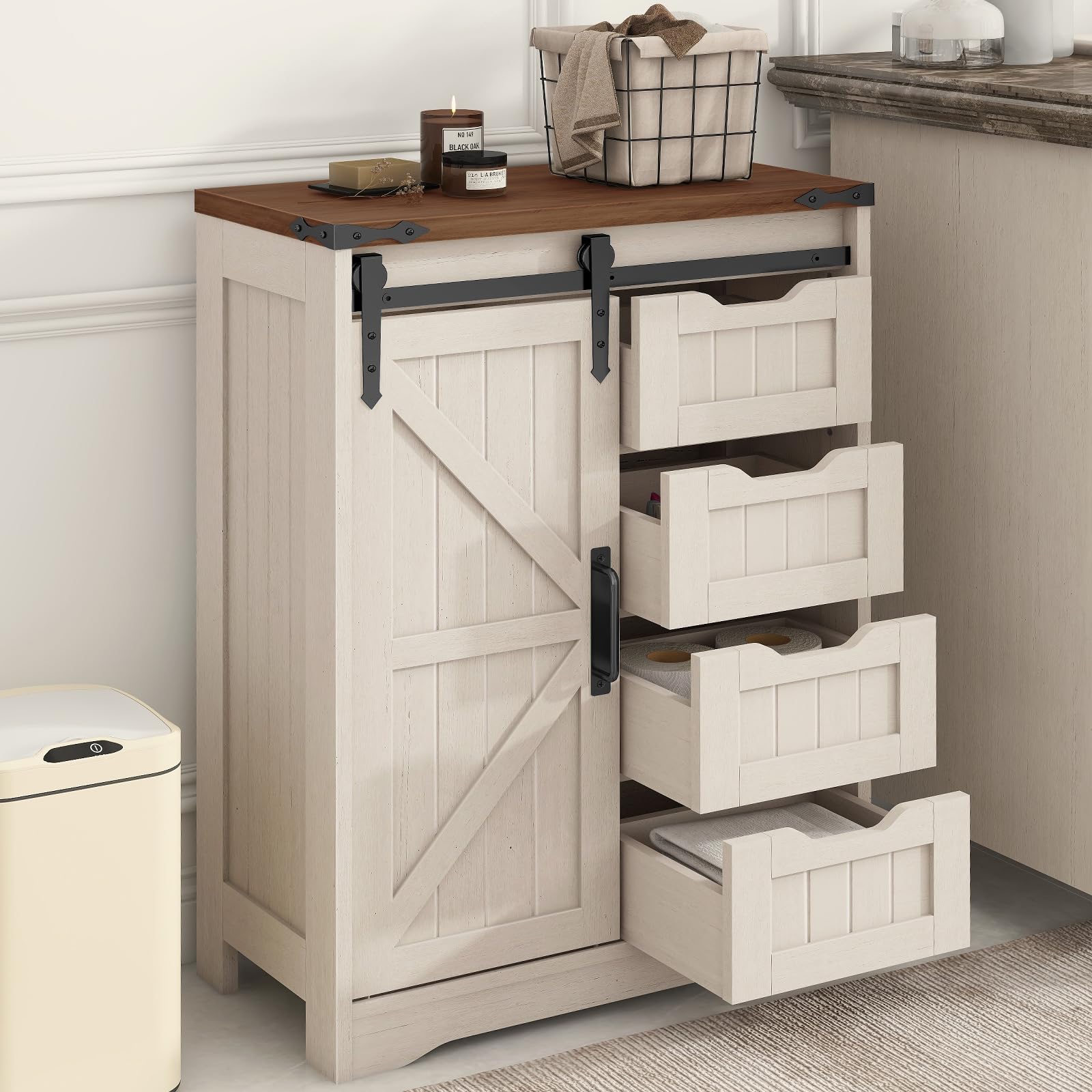 Farmhouse Bathroom Floor Storage Cabinet with Drawer - Rustic Style White Storage Organizer for Bathroom, Kitchen & Living Room | Perfect for Towel Storage, Bath Essentials & Home Organization