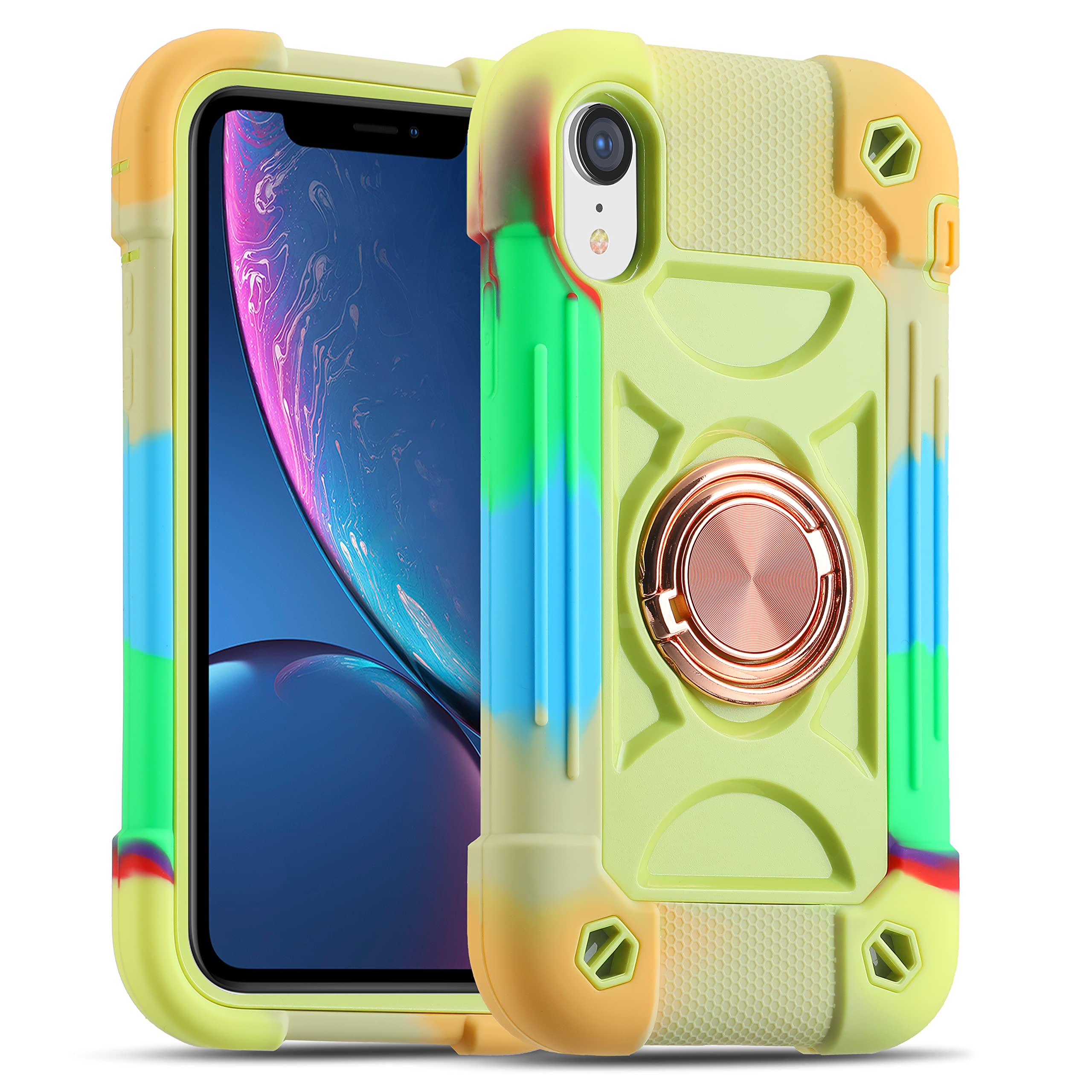 MARKILL Heavy-Duty Military Grade Shockproof iPhone XR Case 6.1 Inch with Ring Stand & Magnetic Car Mount - Compatible with iPhone XR 6.1 (Rainbow Green) | Perfect for Outdoor Adventures, Work & Daily Protection