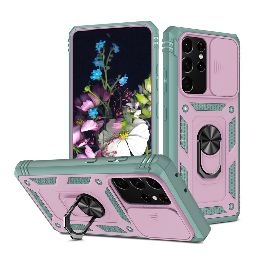Premium Samsung Galaxy S21 Ultra Phone Case with Stand & Slide Camera Protection - Shockproof Slim Cover for Galaxy S21 Ultra (Pink/Green) - Perfect for Work, Travel & Everyday Protection