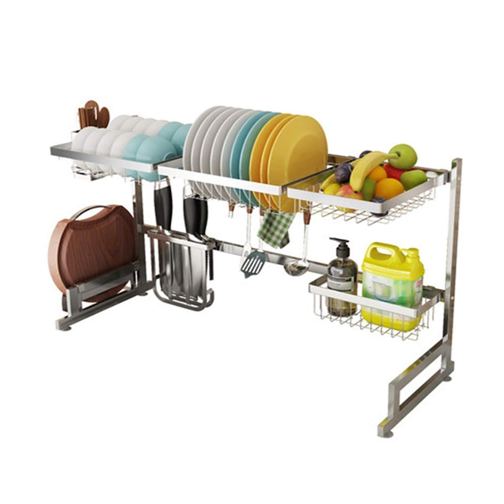 Stainless Steel Over Sink Dish Drying Rack - 304 Dual Sink Dish Drainer with Utensil Holder & Cutting Board Storage | Space Saving Kitchen Organizer for Countertop, Small Apartments & RV Kitchens