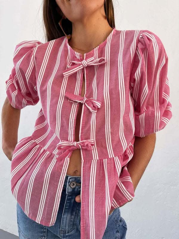 Stylish Striped Lace Mid-Sleeve Blouse for Women - Elegant Casual & Office Wear - Perfect for Spring & Summer Outfits