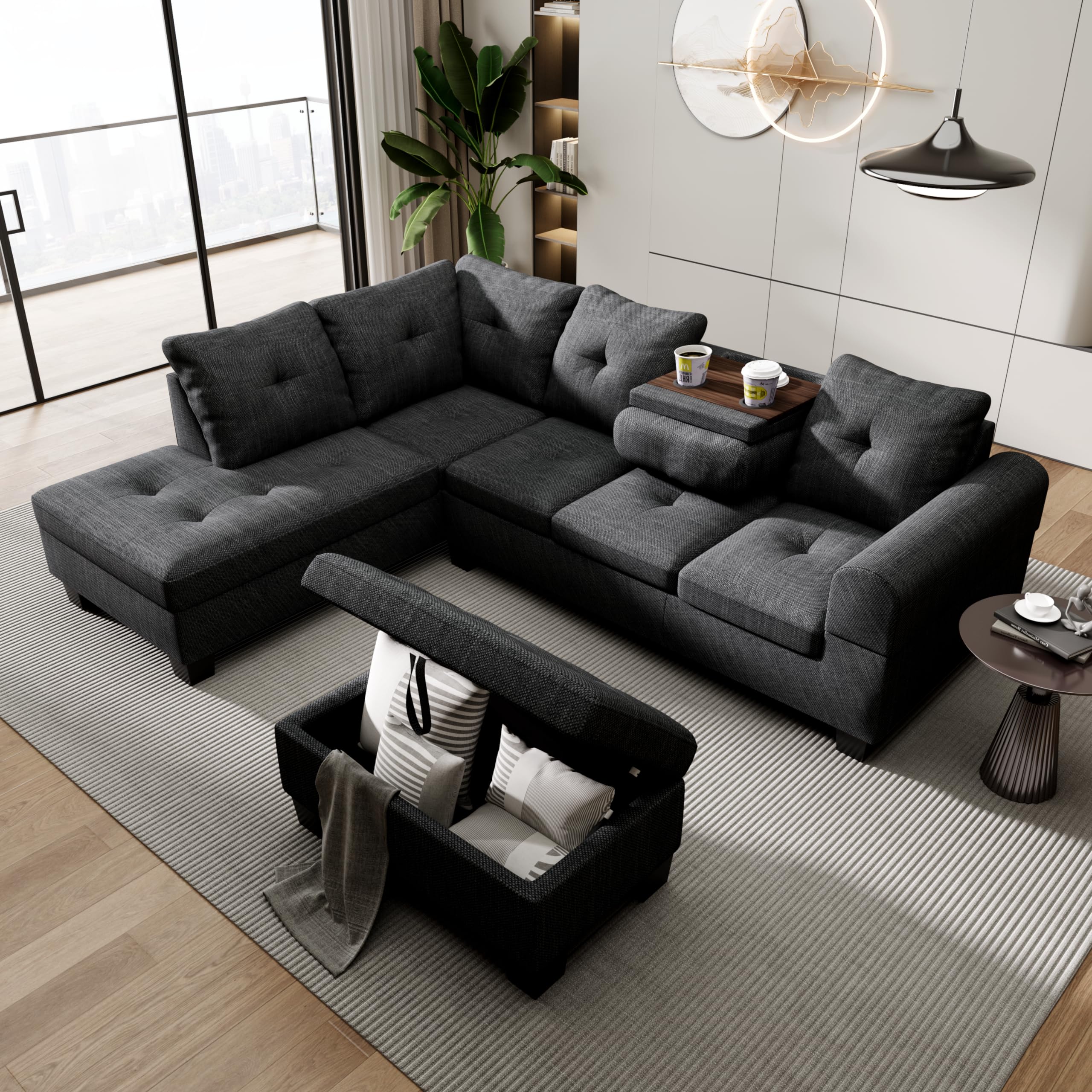 L-Shaped Modular Sectional Sofa with Storage Ottoman & Chaise - Oversized Fabric Upholstered Couch Set for Living Room, Black | Perfect for Family Gatherings, Movie Nights & Small Space Living
