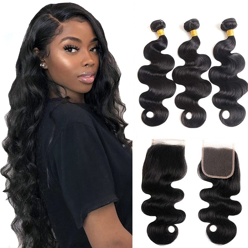 100% Unprocessed Brazilian Body Wave Human Hair Weaves - 3 Bundles with 4x4 Lace Closure (20 22 24+18 Inches) | Natural Color | Perfect for Protective Styles, Sew-Ins & Everyday Wear