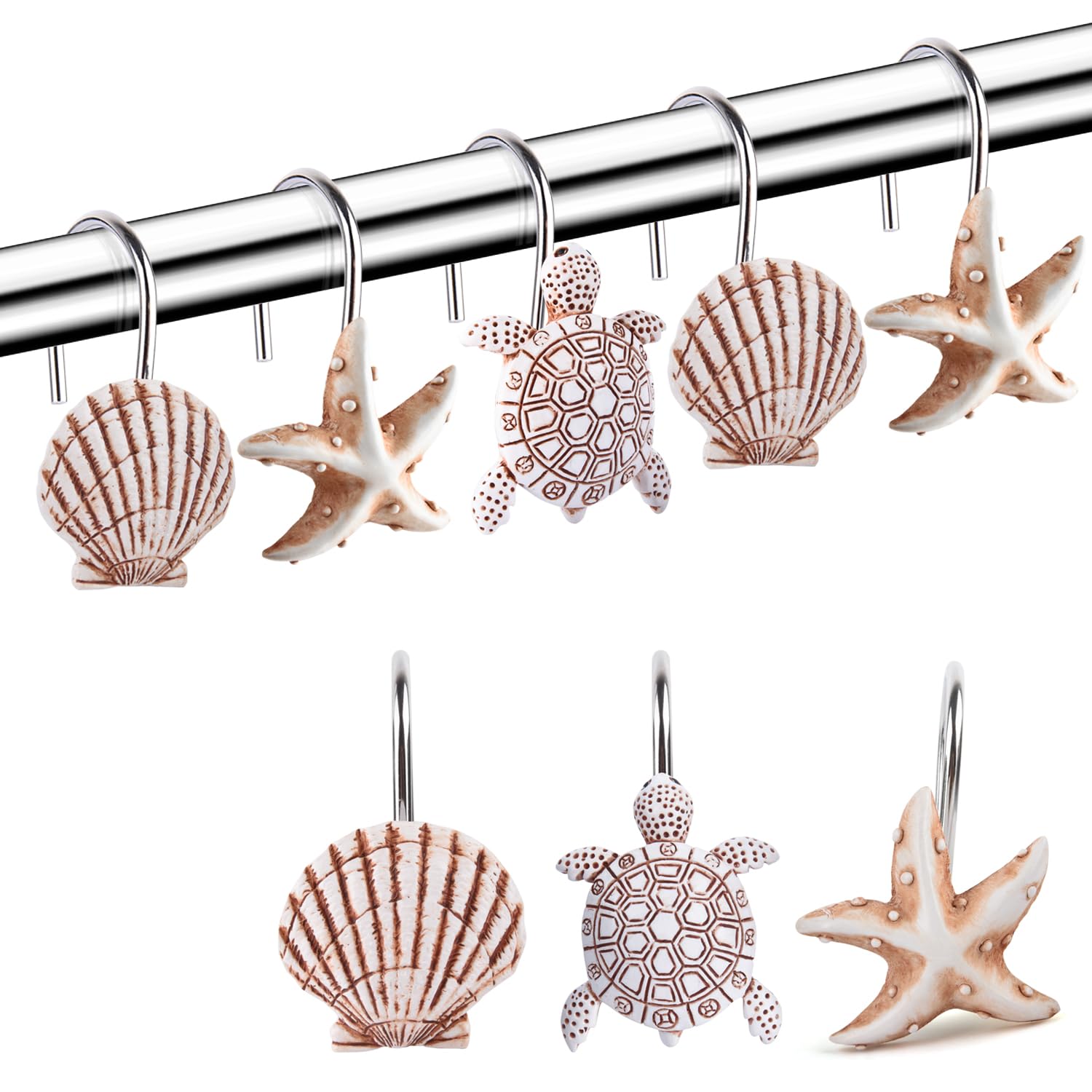 Rustproof Seashell Turtle Shower Curtain Hooks - 12 Pack Beach Theme Bathroom Decor for Coastal & Ocean Inspired Showers - Perfect for Nautical, Vacation Home, and Beach House Bathroom Decorations