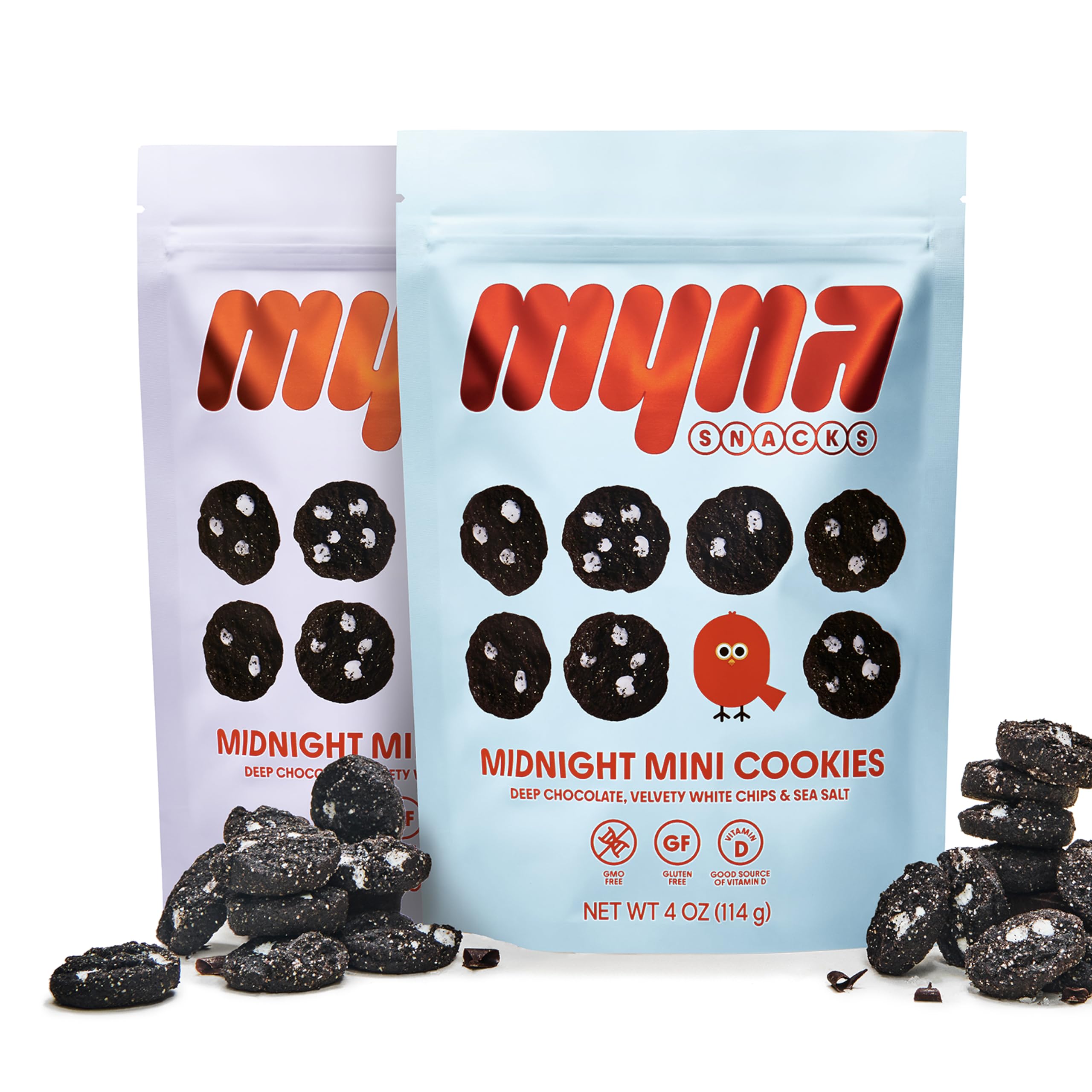Myna Snacks Midnight Mini Cookies - Gluten Free Dairy Free Chocolate Cookies with White Chips - Healthy Vegan Snacks - No Artificial Ingredients - 8oz (2 Pack, 4oz Bags) - Perfect for Late Night Snacking, School Lunches & Office Treats