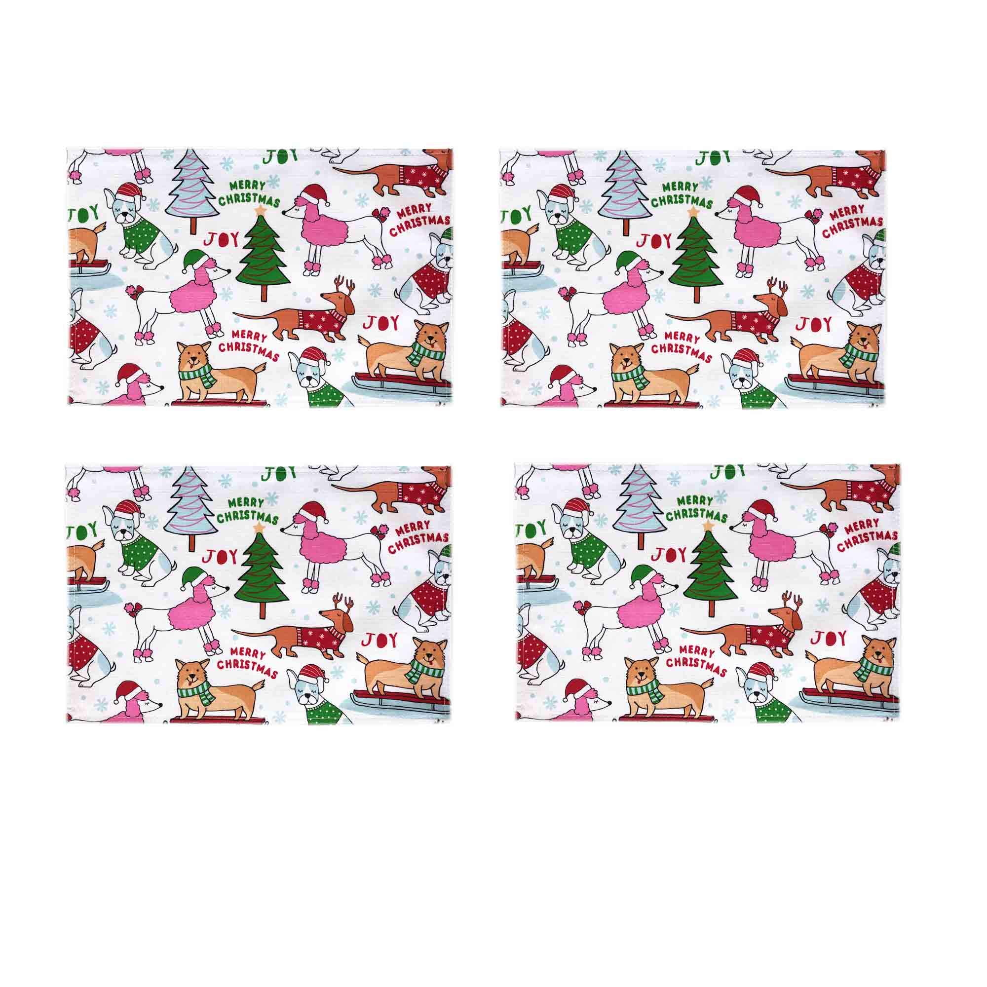 Newbridge Jolly Christmas Puppies Fabric Holiday Placemats - Set of 4 Reversible Dog, Snowflake & Christmas Tree Print Place Settings for Festive Dining, Holiday Parties & Winter Home Decor