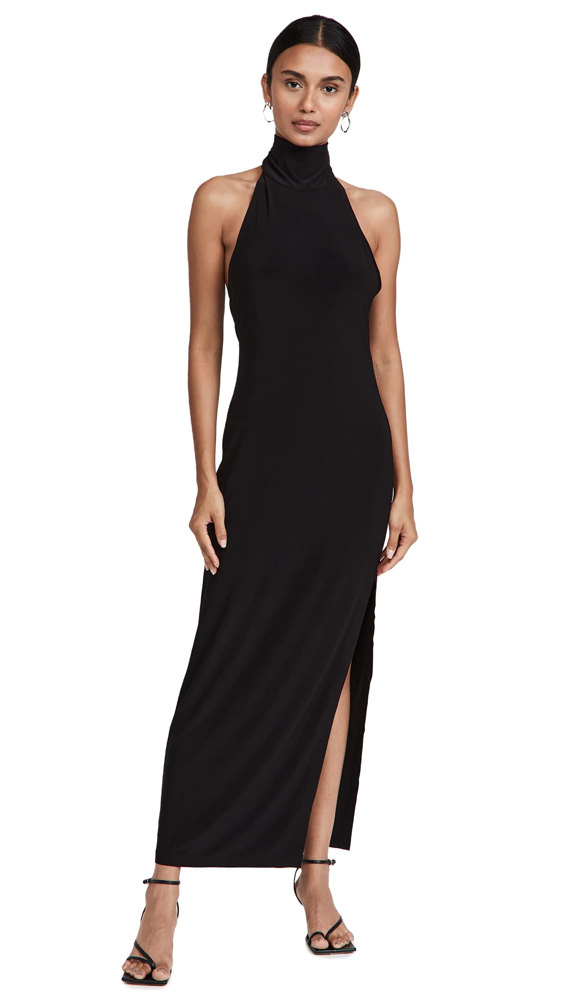 Norma Kamali Women's Halter Neck Long Sleeve Side Slit Evening Gown - Elegant Formal Dress for Prom, Wedding, and Red Carpet Events