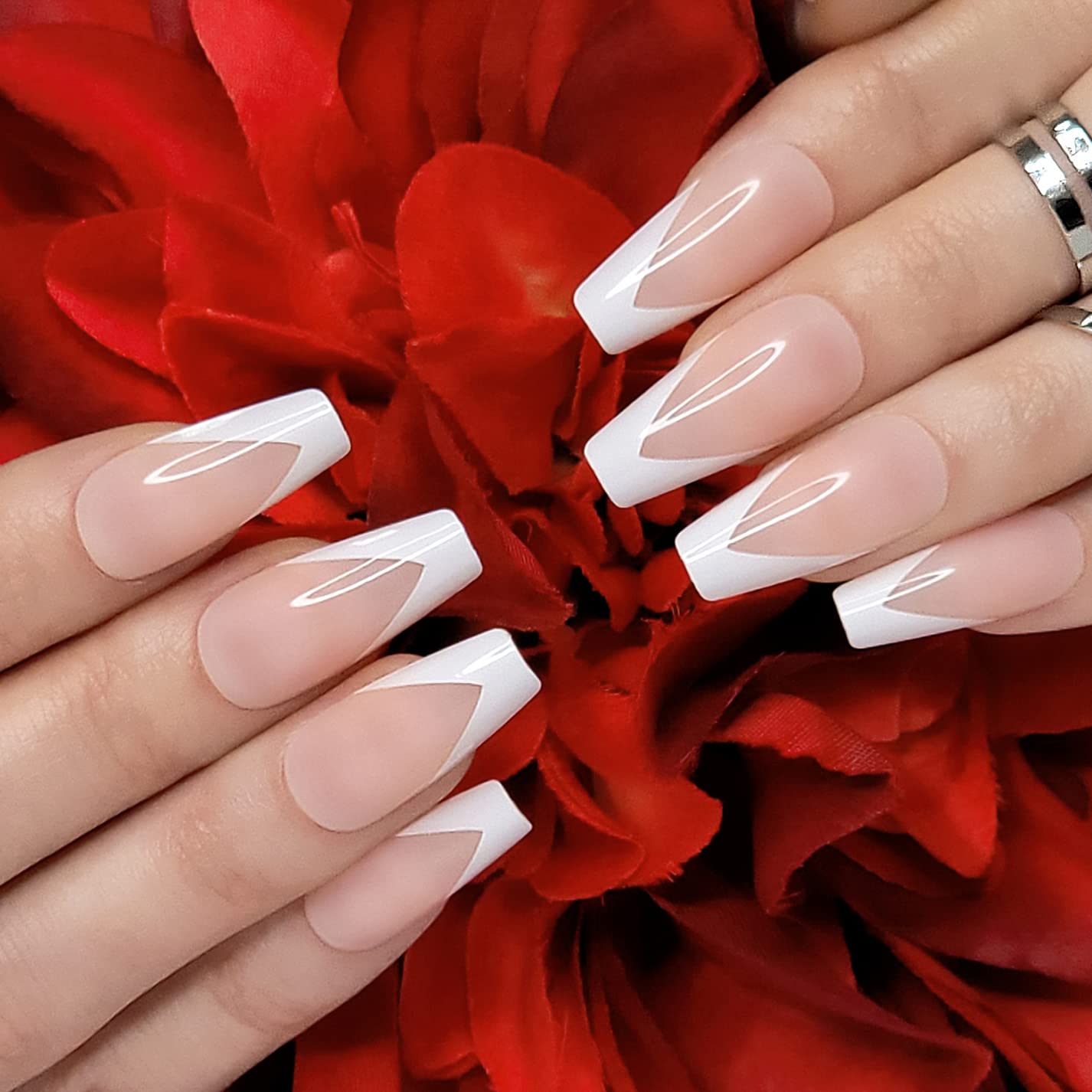 Hypnaughty 24 Pcs Modern White French Coffin Press On Nails - Medium Long Fake Nails with Glue, Nude Base & White French Tips - Perfect for Parties, Weddings & Everyday Wear