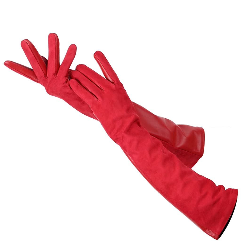 Women's Red Leather Winter Gloves - Warm Long Gloves for Cold Weather, Size 8 | Perfect for Outdoor Activities, Driving, and Fashion Accessories