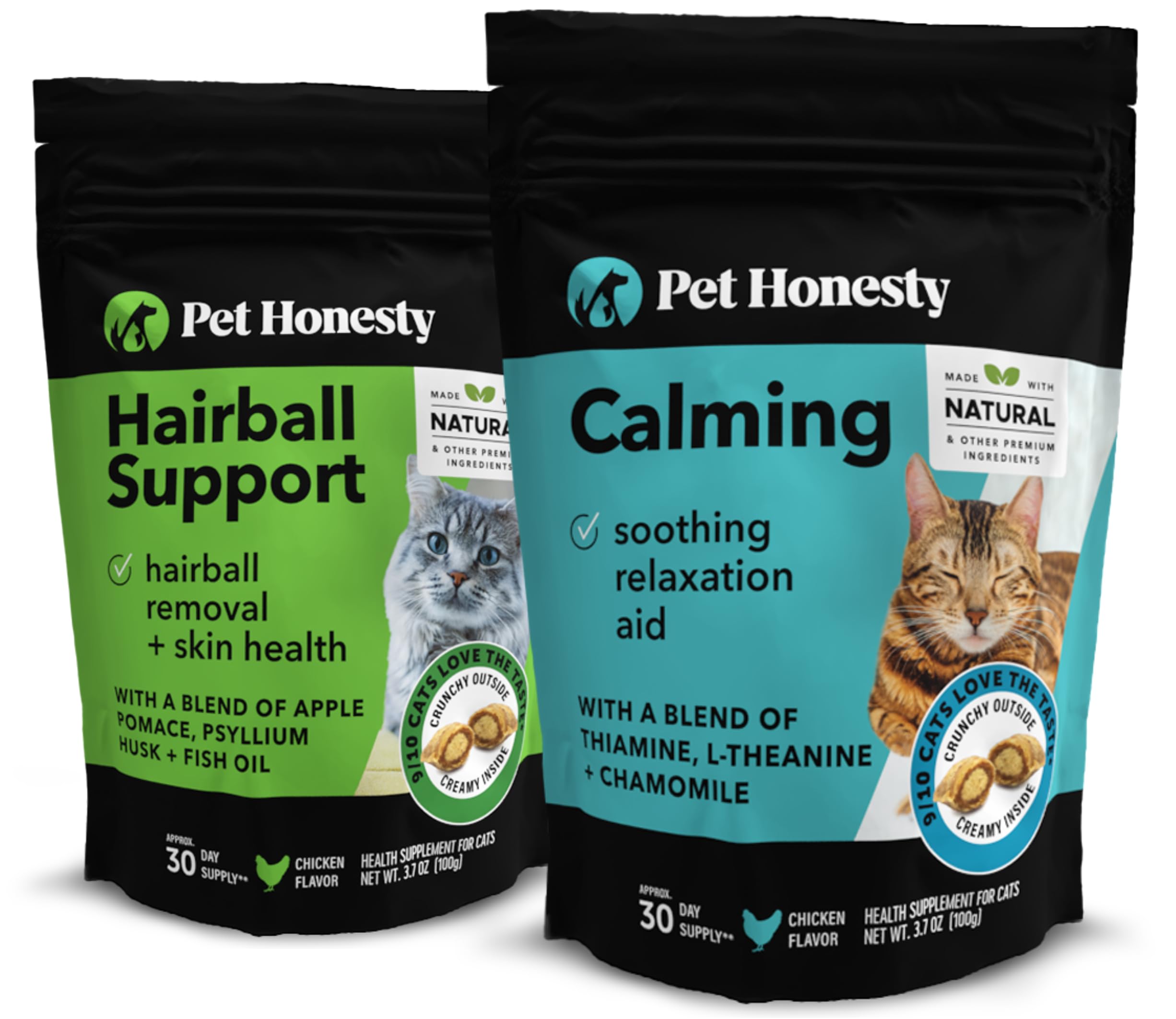 Pet Honesty Cat Hairball Support & Calming Chews Bundle - Dual Texture Supplement for Hairball Control, Skin & Coat Health, Digestion Aid, Stress & Anxiety Relief - Perfect for Multi-Cat Homes & Travel