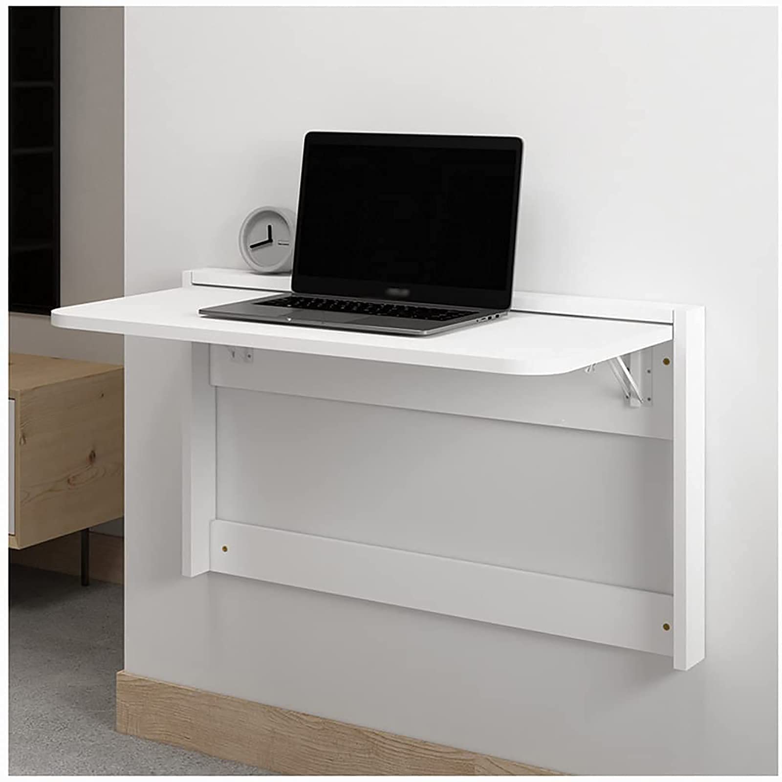 Modern Wood Folding Wall Mounted Desk - Space Saving Floating Fold Down Table with Rounded Corners for Study, Bedroom, Bathroom - Perfect for Small Spaces, Home Office & Dorm Rooms