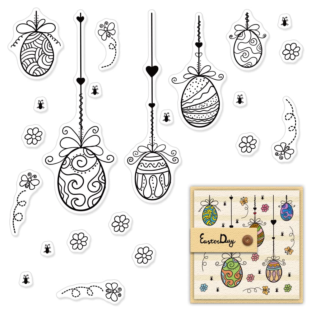 Easter Egg Balloons Clear Stamps for Card Making - Easter Eggs, Butterflies, Flowers & Insects Rubber Stamps - DIY Scrapbooking, Holiday Card Decorations, Paper Craft & Transparent Album Design - Perfect for Easter Cards, Spring Crafts & Handmade Greetings