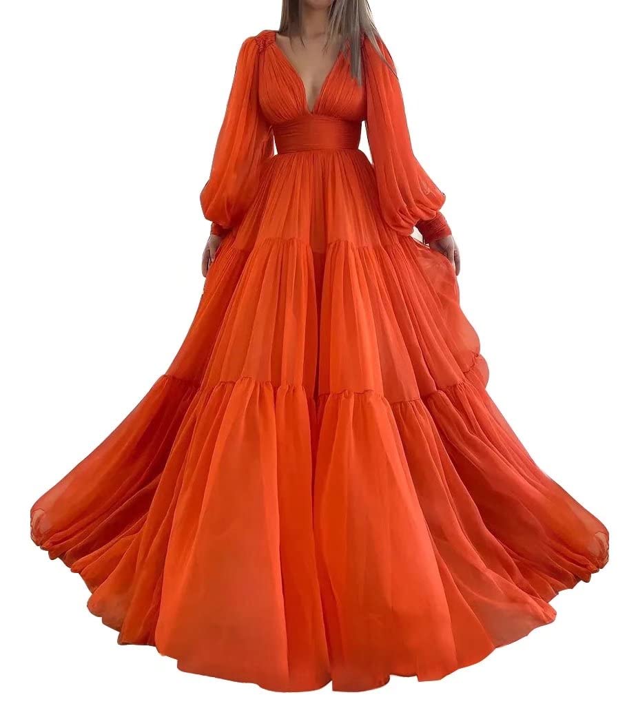 Elegant Long Puffy Sleeve Tulle Ball Gown - V-Neck Prom Dress for Women | Wedding, Formal Evening & Special Occasion Wear
