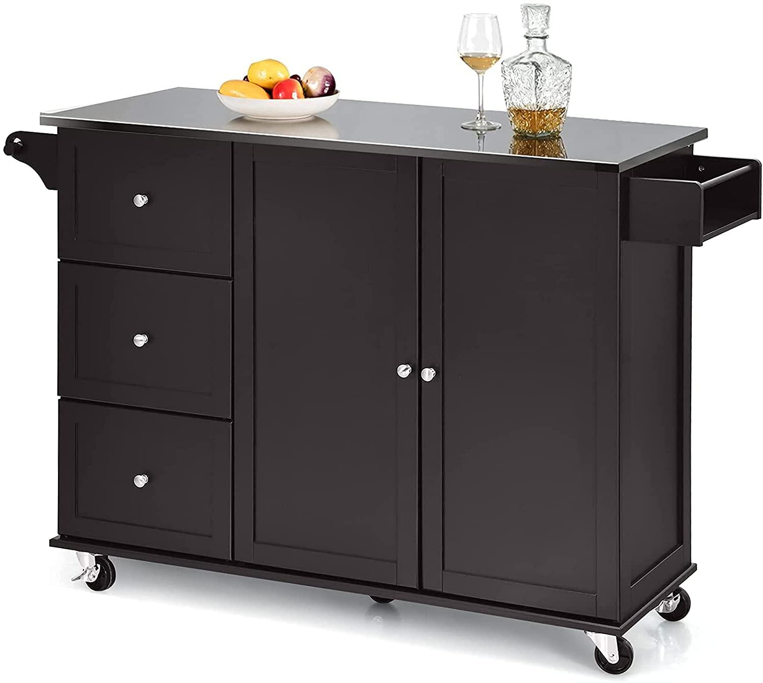 Premium Kitchen Cart with Stainless Steel Top & Storage - Mobile Kitchen Island on Wheels with Adjustable Shelf, 3 Drawers & Spice Rack - Perfect for Small Kitchens, Dining Rooms & Living Rooms - Ideal for Meal Prep, Extra Counter Space & Home Organization