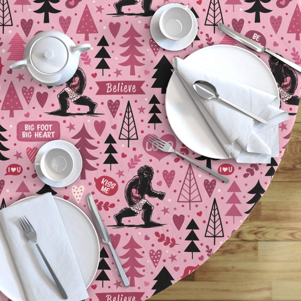 Valentine Bigfoot Heart Sasquatch Print Cotton Sateen Tablecloth - 90 Inch Round Pink Hearts Mythical Monster Design for Dining Table Decor | Perfect for Valentine's Day, Anniversary Dinners & Romantic Home Decor