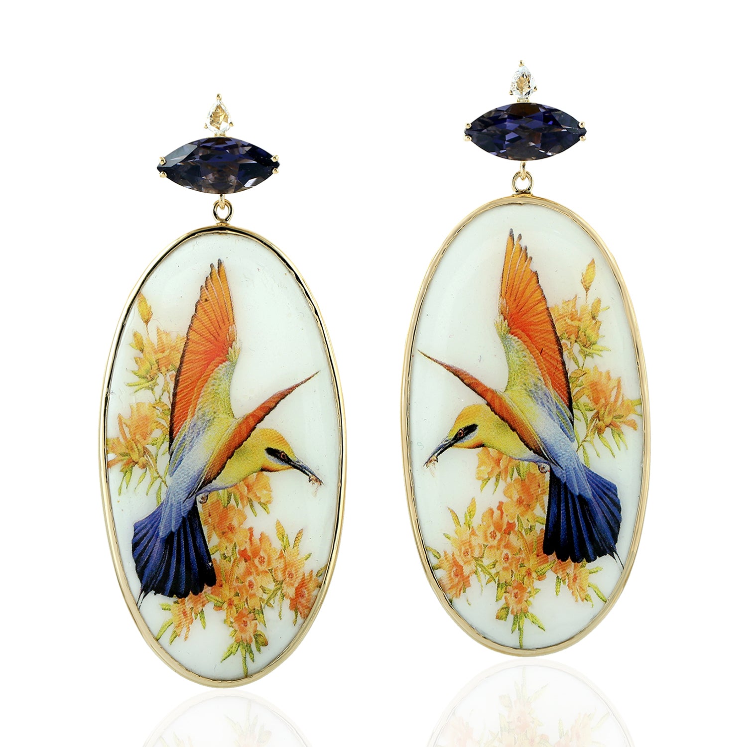 Marquise Cut Iolite Oval Cut MOP Prong Set Sapphire Picture Bakelite Dangler Earrings in Gold - Vintage Style Jewelry for Women, Perfect for Weddings, Parties & Special Occasions