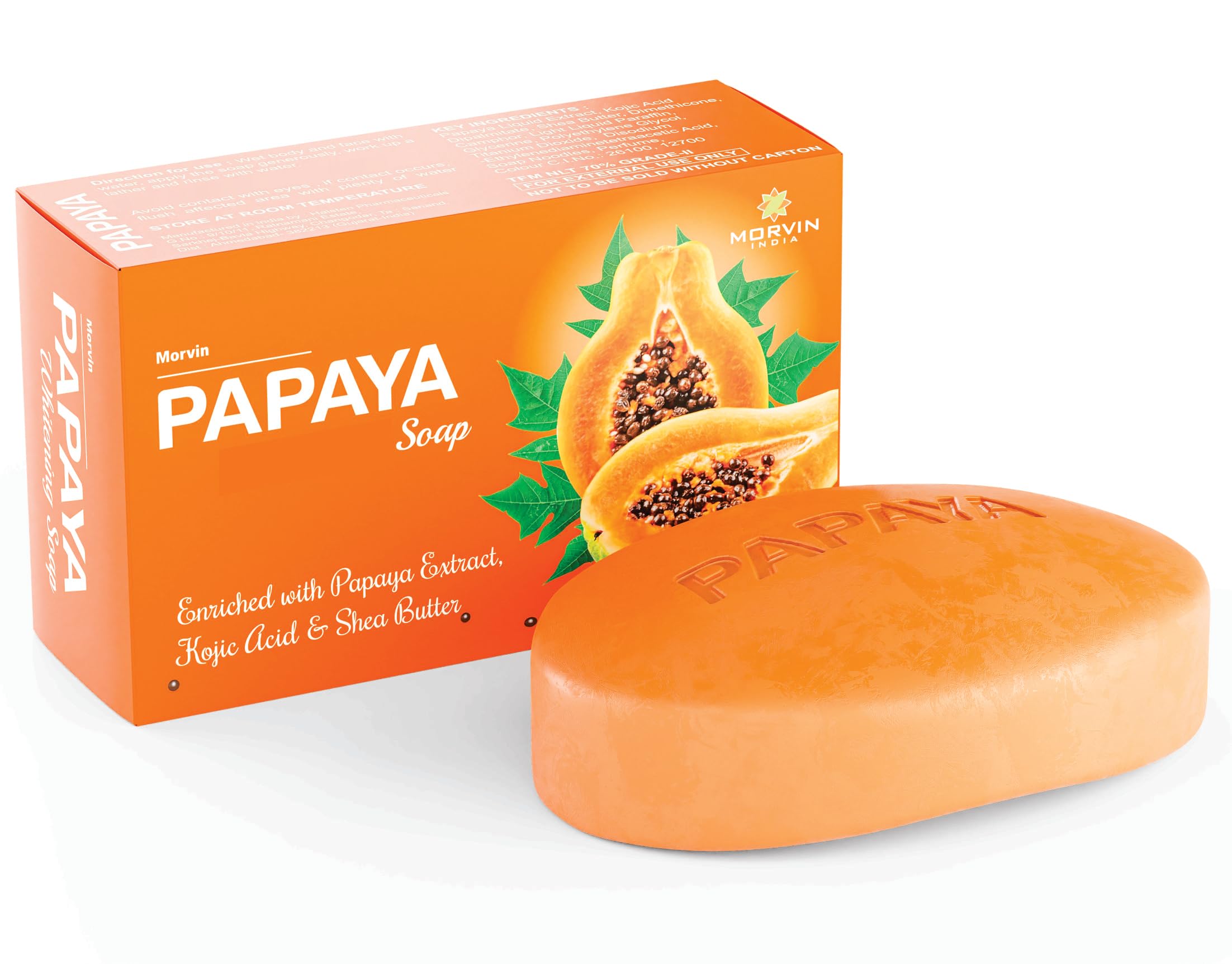 Morvin Papaya Soap for Dark Spots & Acne - Enriched with Papaya Extract & Shea Butter (75g) - Brightening Face & Body Cleanser for Glowing Skin | Ideal for Daily Skincare Routine & Acne Treatment