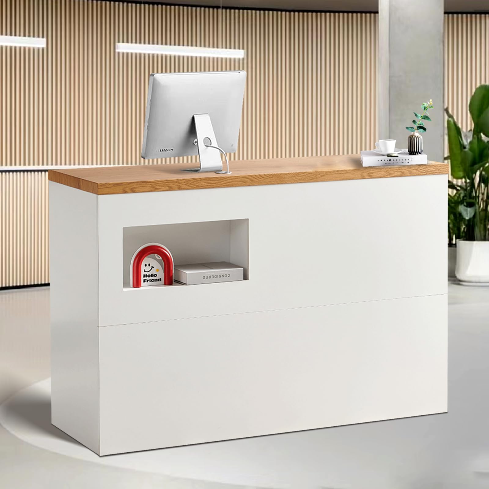 Modern Reception Desk Counter - Lockable Drawers Office Furniture for Clothing Store, Beauty Salon & Bar | White Front Counter Table with Storage | Perfect for Retail Shops, Spas & Business Lobbies