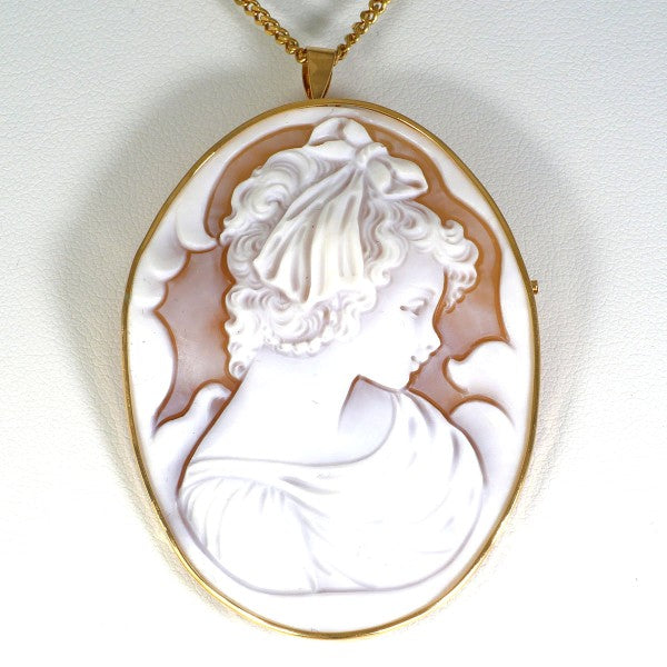 18K Yellow Gold Shell Cameo 2-Way Necklace & Brooch Set with Certificate - Vintage Jewelry for Weddings, Anniversaries & Special Occasions