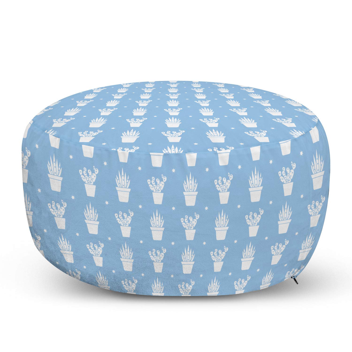 Ambesonne Cactus Print Ottoman Pouf - Pastel Succulent Decor Foot Rest with Removable Cover for Living Room & Bedroom - Pale Azure Blue White - Perfect for Home Decor, Lounge Seating & Cozy Reading Nook Accent
