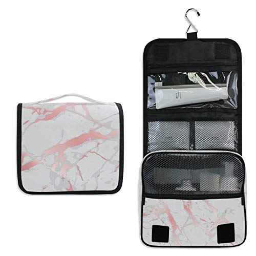 ALAZA Rose Gold Marble Design Pink Hanging Toiletry Bag - Multifunctional Travel Cosmetic Organizer with Hook | Perfect for Makeup Storage, Bathroom Organization & Vacation Essentials
