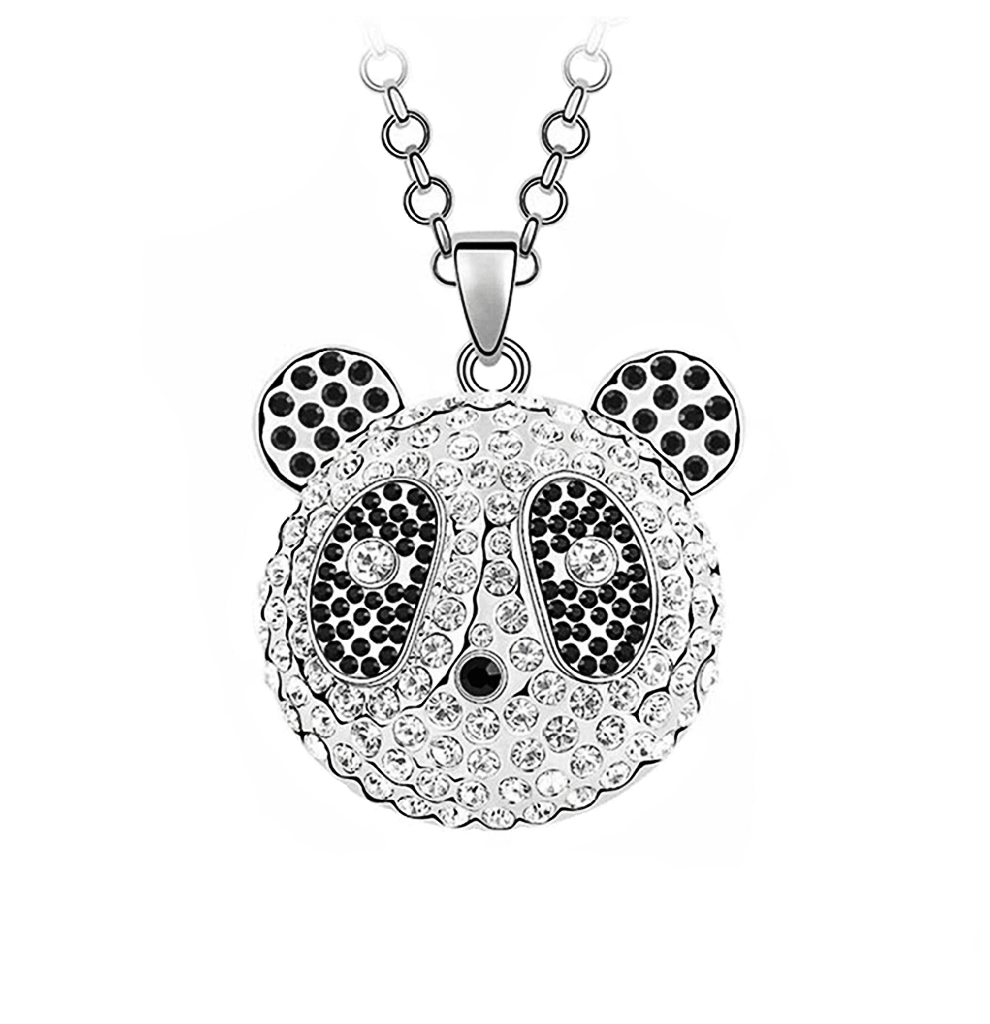 White Gold Plated Panda Pendant Necklace with Black & Clear Swarovski Crystals, 23.6