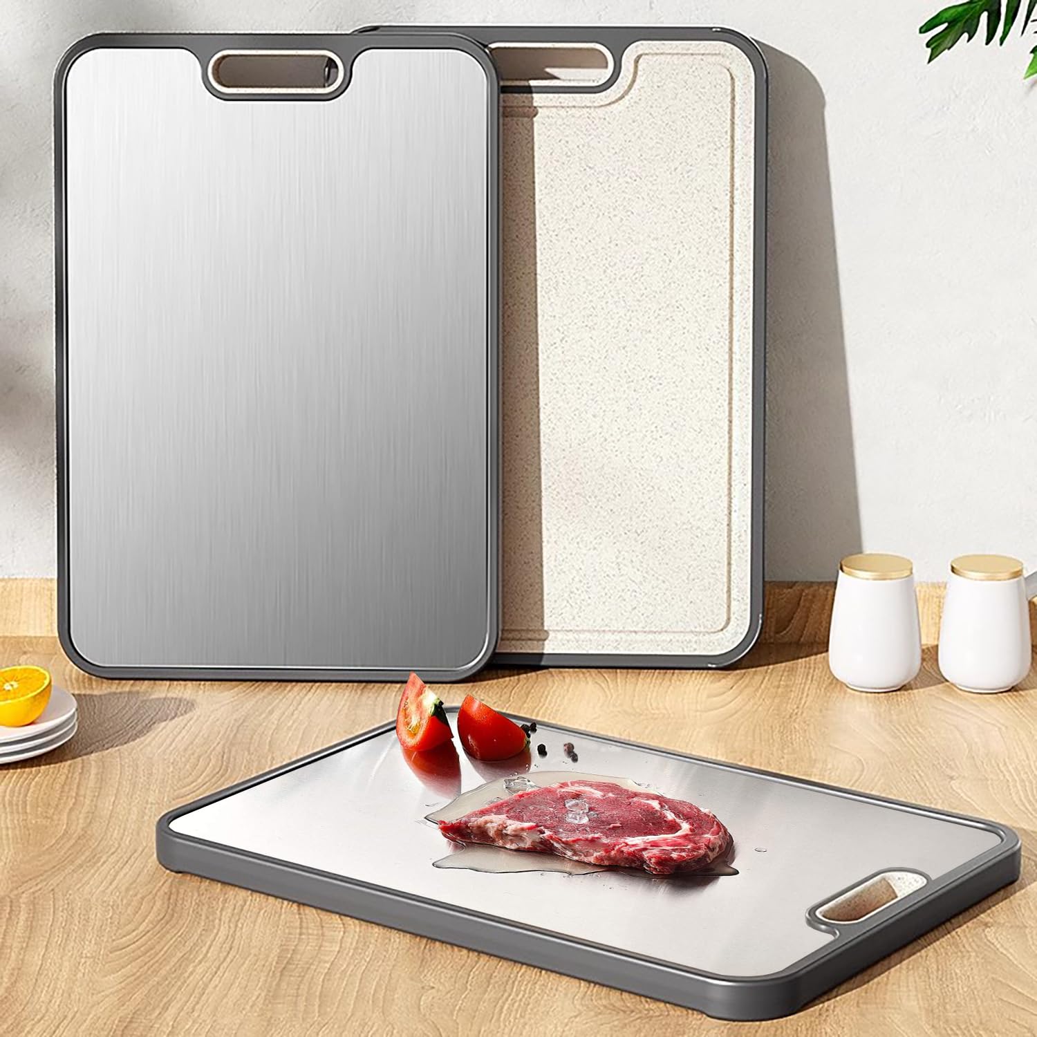 Premium Double-Sided Stainless Steel & Wheat Straw Cutting Board - 16x11 Inch Non-Slip Kitchen Chopping Board - Food-Grade, Easy to Clean & Healthy - Perfect for Meat, Vegetables & Meal Prep