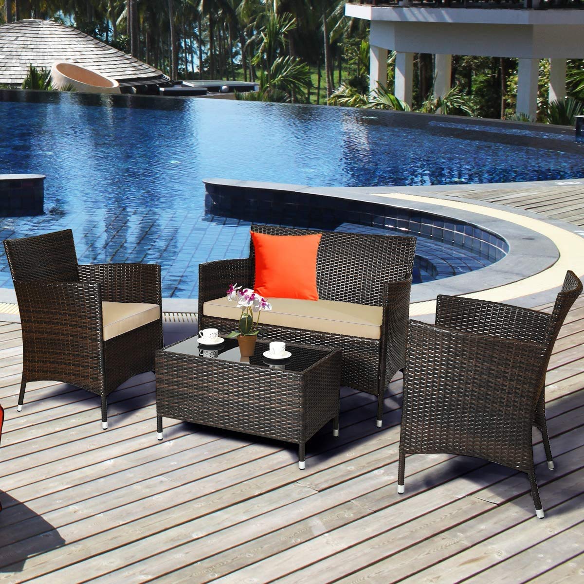 **LUARANE 4-Piece Brown Rattan Patio Furniture Set with Thick Cushions & Tempered Glass Table - Outdoor Wicker Sofa Conversation Set for Garden, Poolside, Backyard, Lawn & Patio Relaxation**
