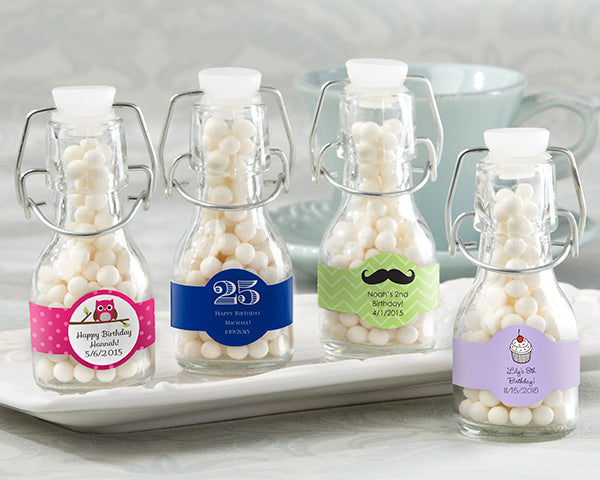 Personalized Mini Glass Favor Bottles with Swing Top - 12 Pack for Birthday Party Favors, Wedding Decorations, Baby Shower Gifts & DIY Craft Projects