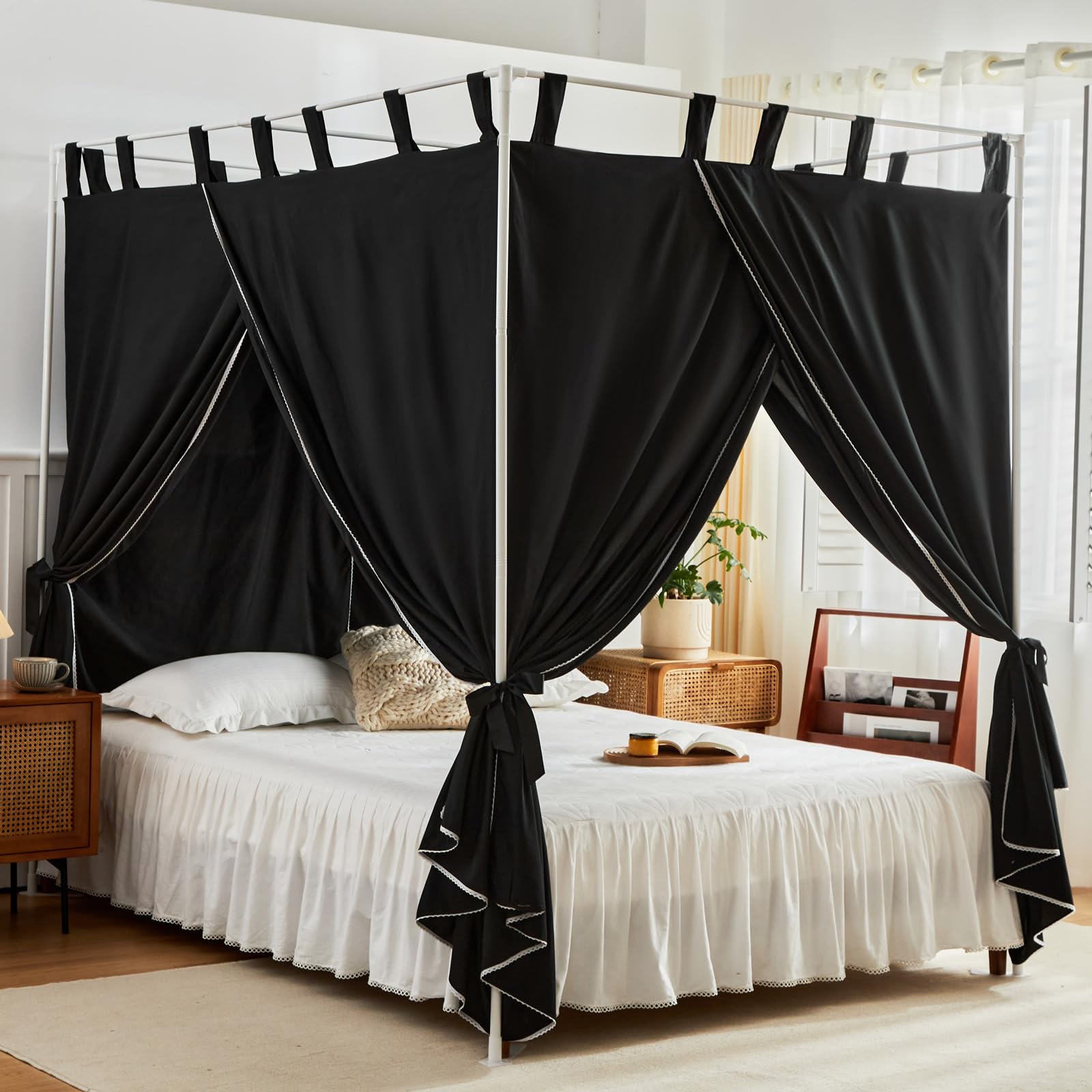 AIKASY Black Canopy Bed Curtains with Top Ties & Tie Backs - Twin Size Windproof Lightproof Bedroom Drapes for Privacy & Decoration | Perfect for Romantic Bedrooms, Dorm Rooms & Cozy Sleep Spaces
