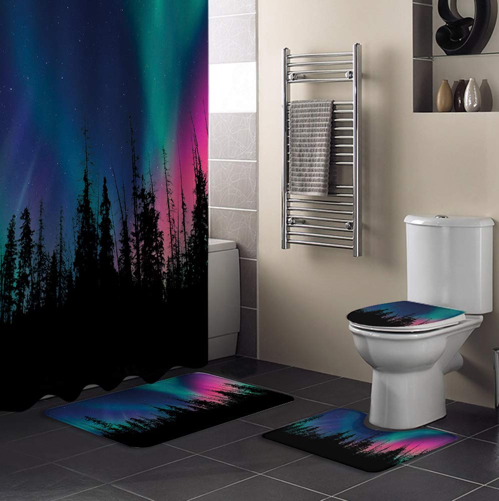 Northern Lights Starry Sky Shower Curtain Set with Non-Slip Bath Mat, Toilet Lid Cover & 4-Piece Bathroom Rugs - Waterproof Shower Liner for Bathtub | Perfect for Spa-Like Bathroom Decor & Relaxing Showers