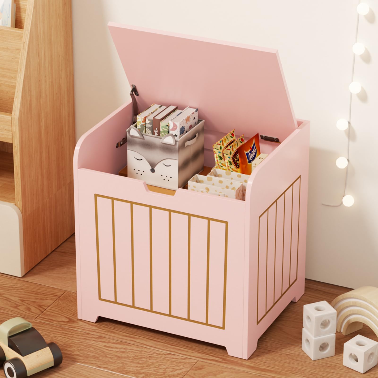 Pink Wooden Kids Storage Chest - Small Cube Toy Organizer Box for Clothes, Toys & Plants - Entryway Storage Bin & Square Nightstand for Playroom, Bedroom, Nursery - Perfect for Home Organization & Kids Room Decor
