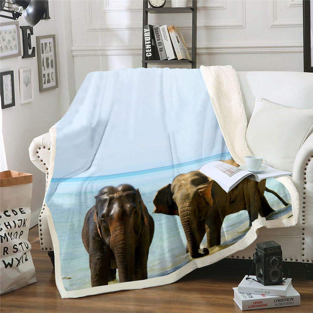 Soft Elephant Print Sherpa Fleece Throw Blanket - 30