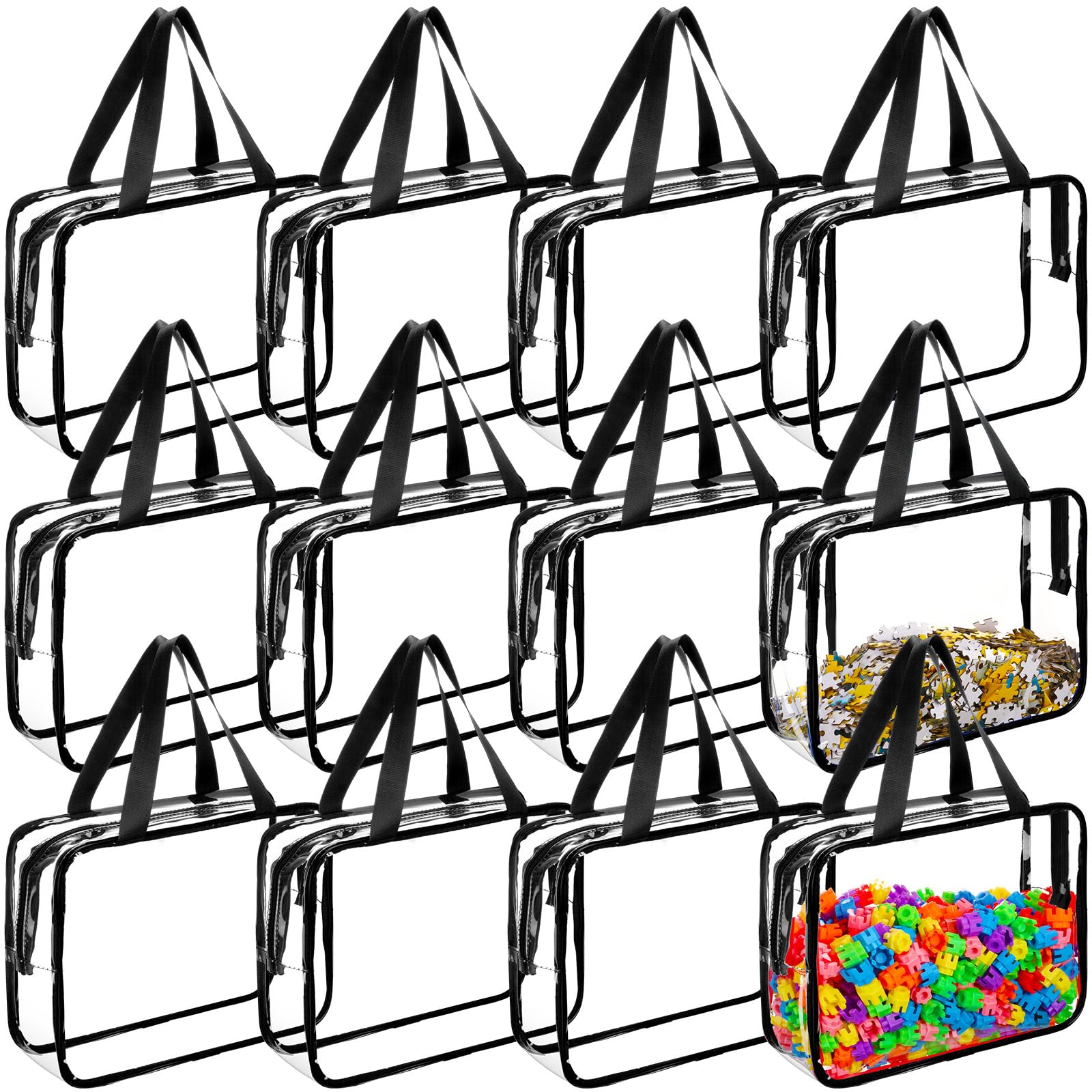 12-Piece Large PVC Clear Toy Storage Bags with Zipper - Waterproof Organizer for Kids Building Blocks, Puzzles & Books (Black) - Perfect for Playroom, Nursery & Travel Organization