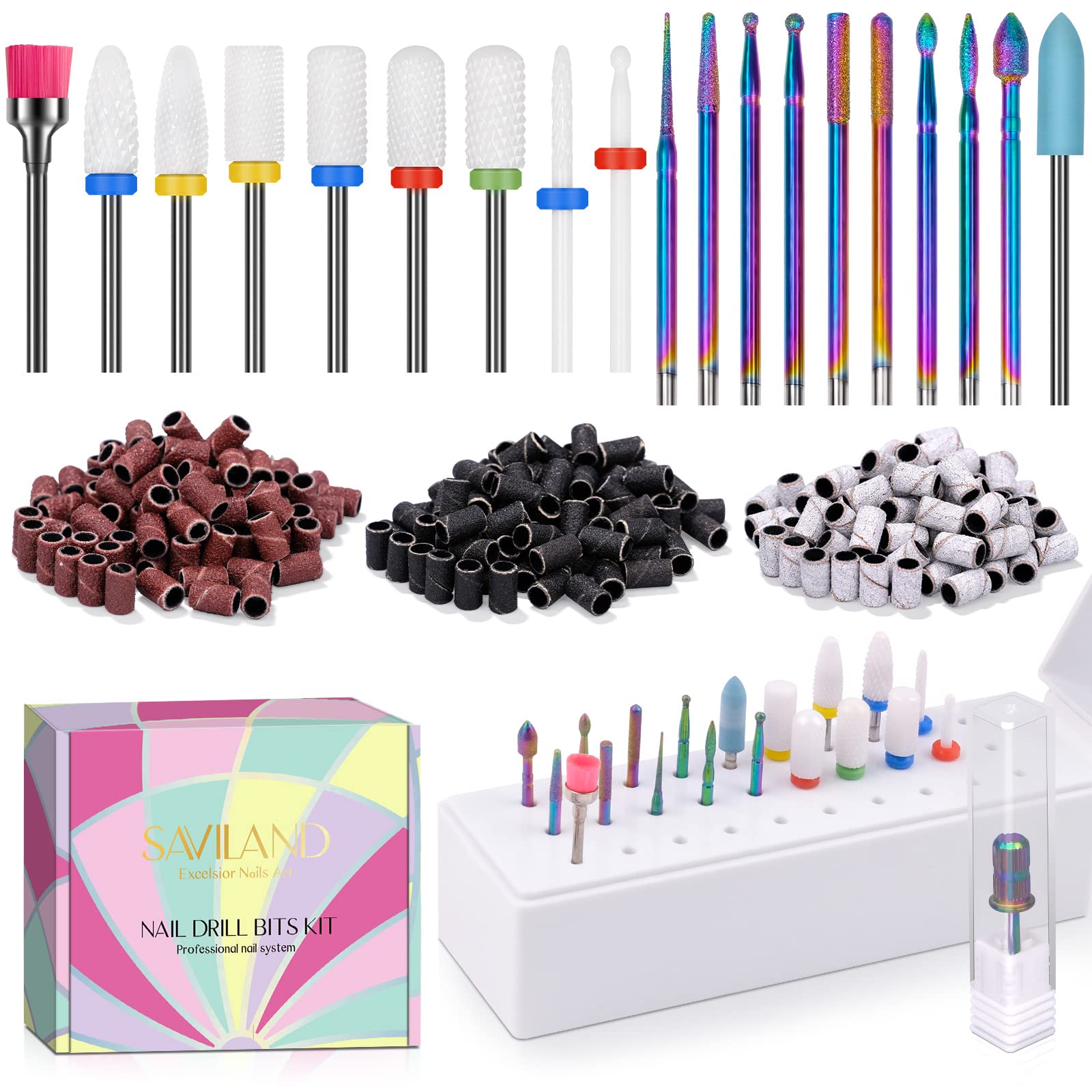 Saviland 19PCS Professional Nail Drill Bits Set - Ceramic Bits, Mandrel Sanding Bands for Cuticle Removal, Acrylic & Dip Gel Nails | Manicure Pedicure Tools Kit for Salon & Home Use | Perfect for Nail Art, Gel Polish Application & Nail Extension