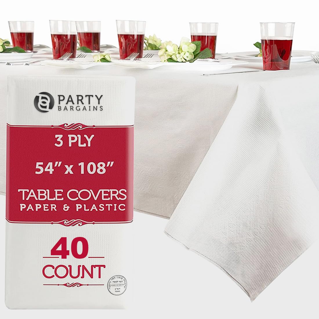 40 Pack Disposable White Table Covers - 54 x 108 Inch 3-Ply Paper & Plastic Tablecloths for Parties, Events & Catering | Waterproof & Durable
